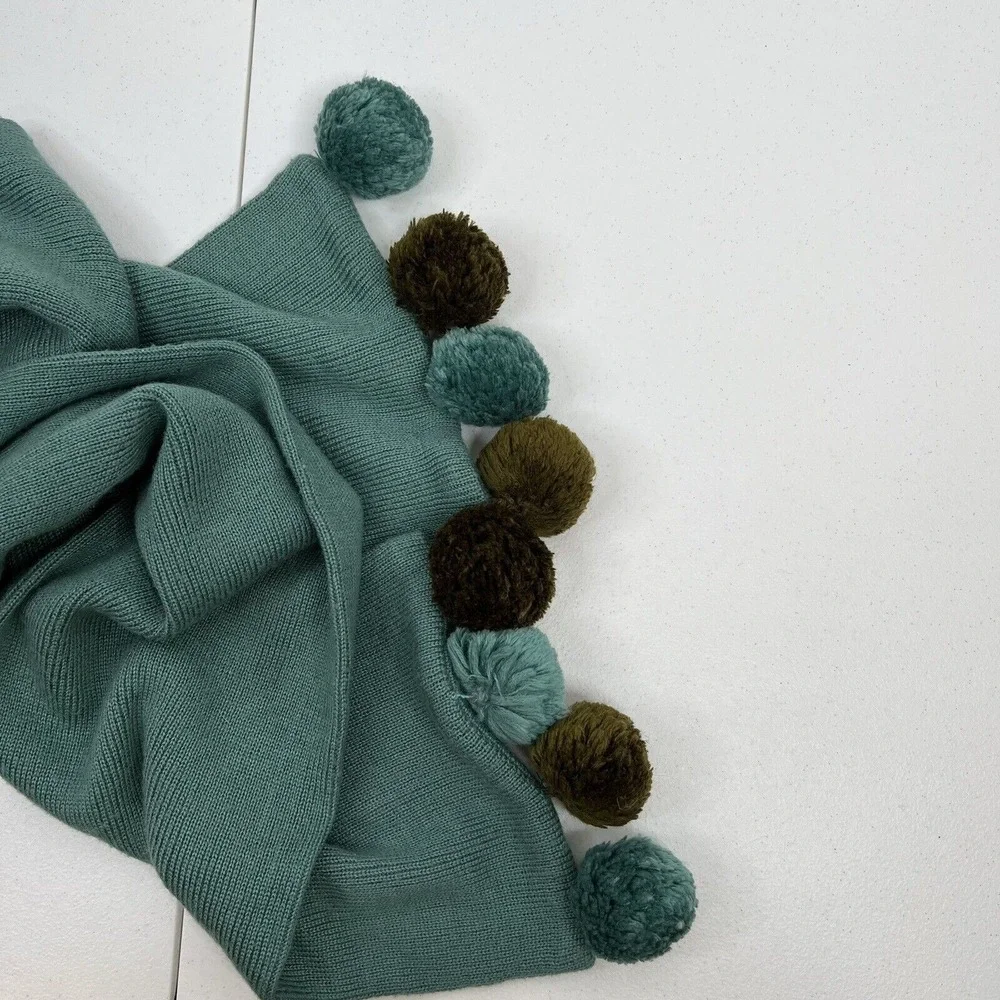 J. Crew Kid One Size Scarf Green Teal Knit Wool Blend Pom Pom Winter Accessory